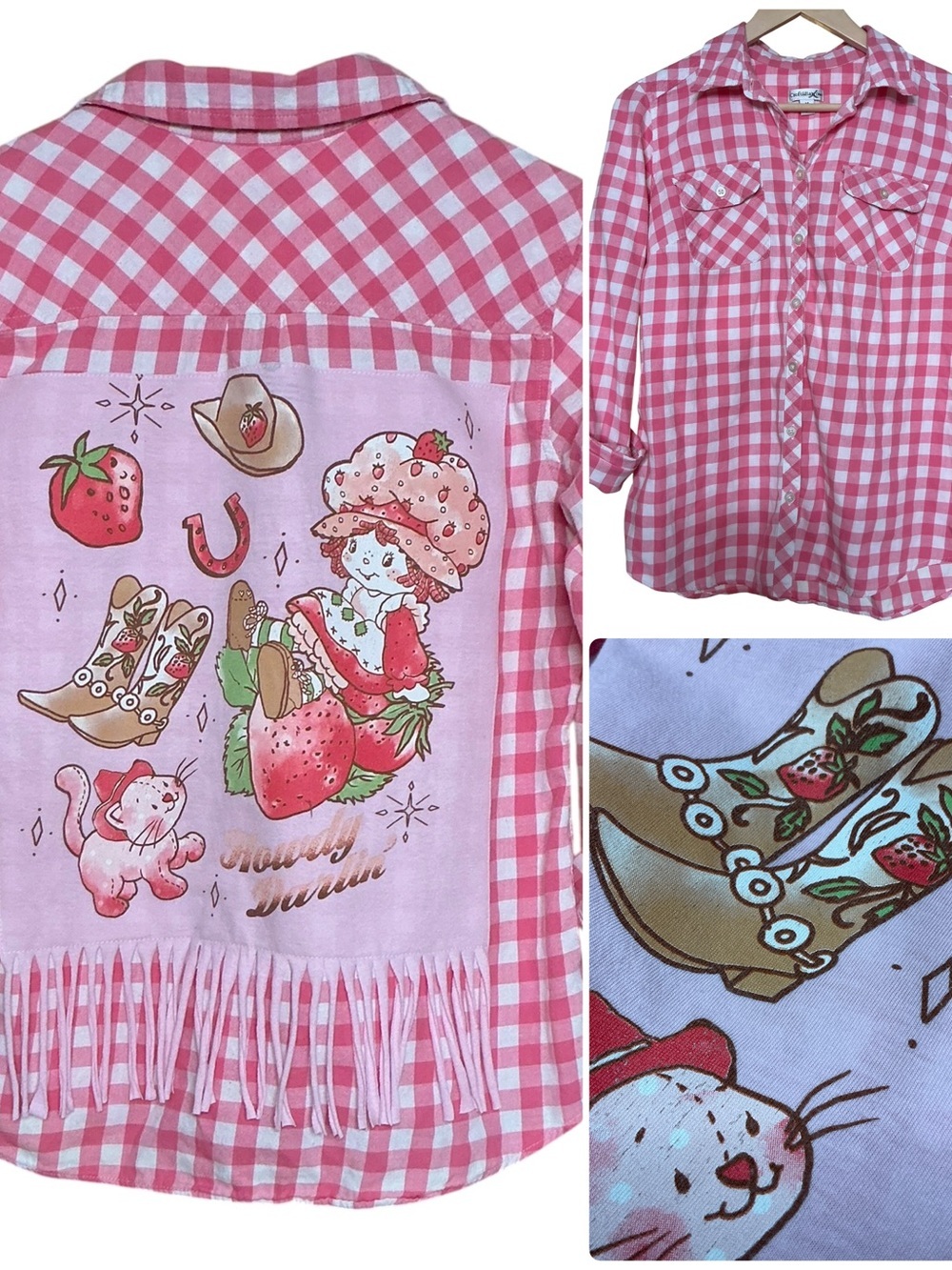 Strawberry Shortcake Upcycled Top Flannel Shirt Western Fringe Cowgirl - Picture 13 of 13